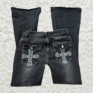 cyber y2k style cross embellished pocket flare jeans